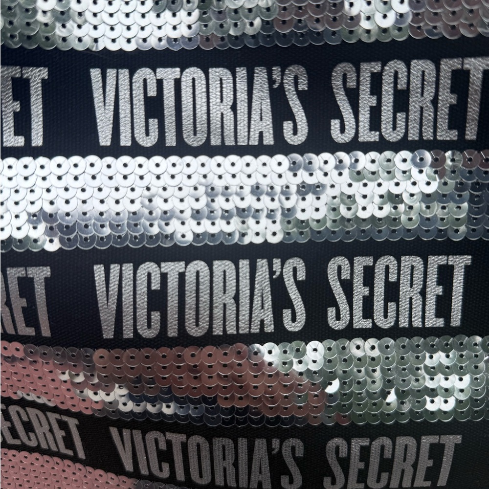 Victoria’s Secret Large Sequin Tote Bag Silver Black Stripes 23x14x6” NWOT - Picture 4 of 11